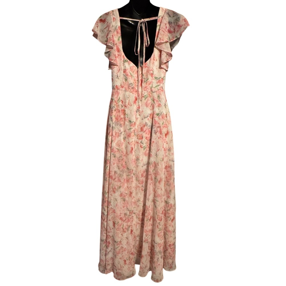 Azazie Floral Maxi Dress Flutter Sleeve Open Back Wedding Guest Chiffon - Picture 2 of 10